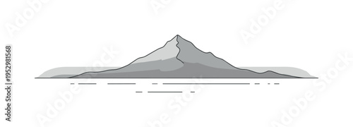 Muted mountain horizon single peak silhouette in layered gray gradients with soft sky background, expressing calm detachment and visual restraint. Minimalist