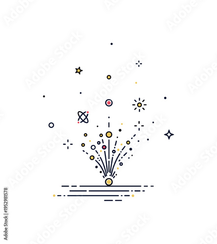 Quantum spark cluster of tiny bright particles converging into a single glowing point, symbolizing condensed universal energy and scientific wonder. Minimalist