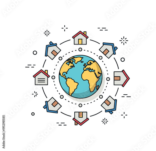 Community resilience and relocation concept featuring interconnected small house icons forming a circle around a central globe. The scene expresses solidarity,