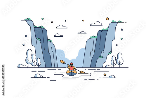 Kayaking on a calm river with a single paddler gliding smoothly between towering cliffs symbolizing peaceful adventure and connection with nature. Soft water