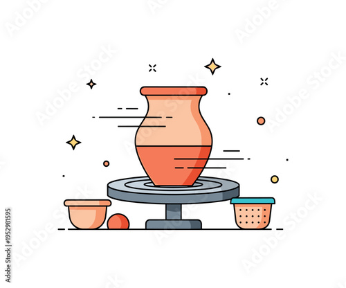 Shared pottery workshop atmosphere represented by a stylized clay pot on a wheel with subtle motion lines and tiny decorative dots. The scene communicates