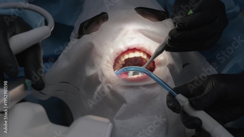 Dental professionals performing a prophylactic cleaning procedure using an air polisher, removing plaque and stains from the patient's teeth for improved oral hygiene and whitening