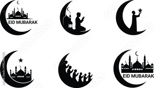 Set of Fifteen Detailed Black Mosque Silhouettes with Diverse Dome and Minaret Architectural Designs for Ramadan Kareem and Eid Mubarak Religious Festival Graphic Projects