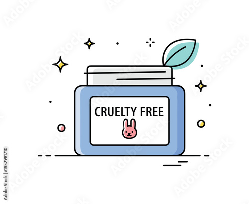 Cruelty free skincare cosmetic jar with a small bunny icon and soft leaf accent, symbolizing ethical production and compassionate beauty choices. Minimalist