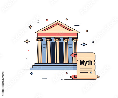 Olympian gods cultural legacy compact scene of a temple facade with subtle star accents and a scroll labeled Myth, symbolizing storytelling traditions shaping