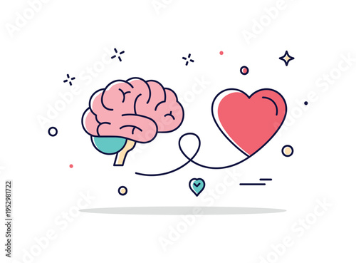 Mind heart connection concept with a simplified brain and heart linked by a soft curved line forming a balanced emblem. The composition communicates emotional