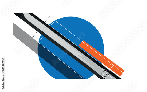Black and white angled steel beam casting bold shadow shape, vivid cobalt blue circle backdrop, sharp orange rectangular accent intersecting edge, thin