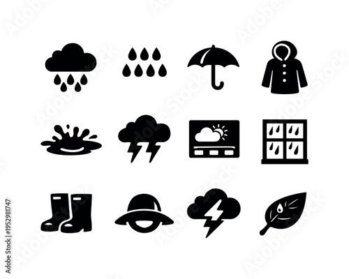 April Showers. Solid icon set of April Showers: rain cloud, falling raindrops, umbrella open, raincoat, puddle splash, storm cloud, weather forecast, window