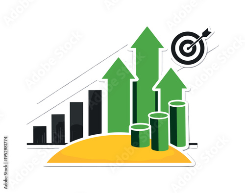 Vintage black and white bar chart transforming into tall upward green arrows, large yellow semicircle anchoring the lower section, thin diagonal lines guiding