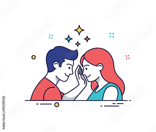 Playful teasing moment one partner gently nudging the other with small star accents above, symbolizing intimacy and shared humor. Minimalist flat vector