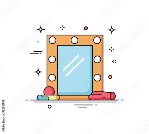 Theater performances backstage atmosphere idea illustrated by a simple dressing room mirror with round light bulbs framing it. A modern and intimate