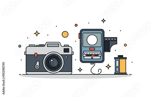 Analog camera essentials compact arrangement of manual camera, light meter and small film canister, symbolizing hands on photography and technical mastery.