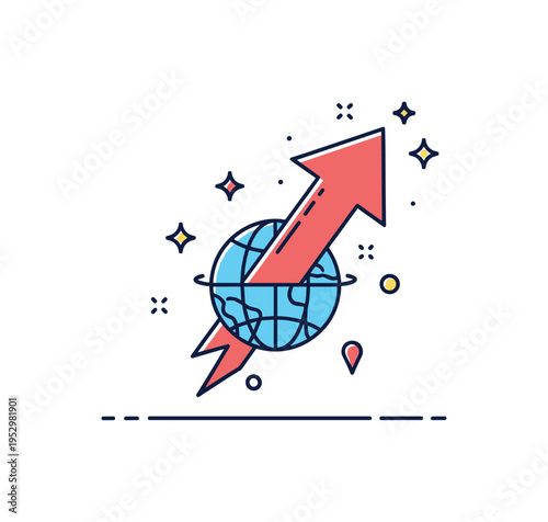 Digital market conquest upward arrow piercing through a small globe icon with subtle sparkle accents, representing competitive dominance and global business