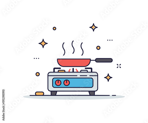 Kitchen cooking scene simple stove with frying pan and tiny food steam lines rising upward, conveying daily culinary routine and homemade flavors. Minimalist