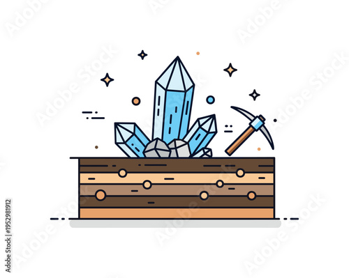 Mineral resources crystal cluster emerging from layered soil with a small pickaxe icon nearby, representing mining, raw materials, and underground wealth.