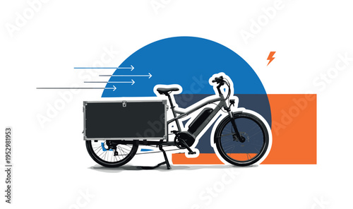 Black and white realistic electric cargo bike in side profile with front cargo box clearly visible, retro urban photography texture, cut-out effect with bold