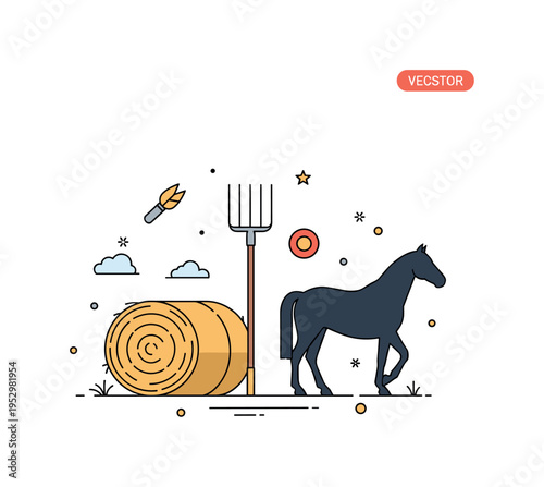 Agricultural lifestyle icon scene hay bale, pitchfork, and horse silhouette arranged in compact composition, symbolizing rural work and traditional farming