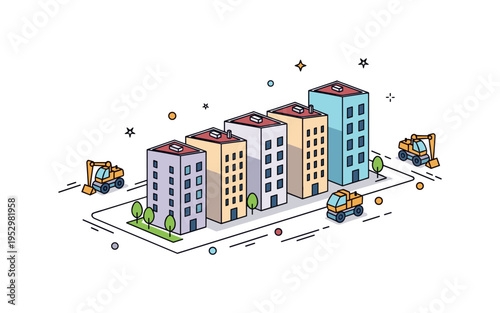 Residential complex construction progress represented by aligned apartment blocks with visible rooftop details and small construction vehicles positioned