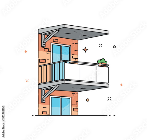 Overhanging balcony architecture compact building facade with a floating balcony extending outward without visible support, conveying lightness and structural