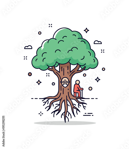 Legacy and guidance concept built around a large tree with deep roots and a subtle elderly figure silhouette at its base, symbolizing heritage, stability, and