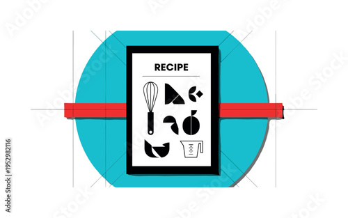Black and white recipe card with geometric ingredient illustrations, oversized turquoise circle behind framing the card, bright red horizontal bar across