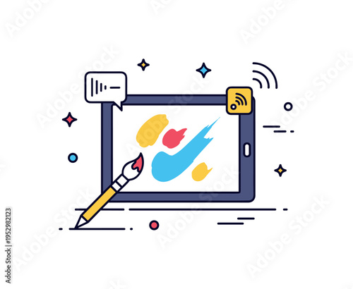 Digital live painting stream centered on a tablet screen with stylized brush strokes and small broadcast signal accents, symbolizing online art events and real