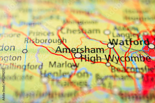 Close up map of Amersham and High Wycombe Buckinghamshire England.