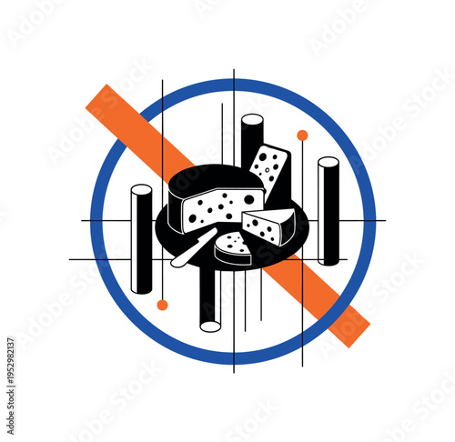 Black and white stylized cheese platter arranged as abstract geometric composition, bold blue circular frame enclosing the design and orange diagonal accent