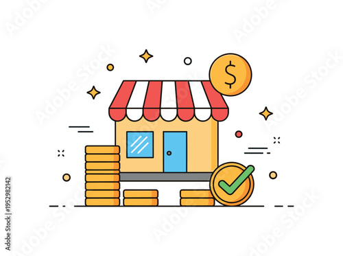 Small business private funding concept centered on a storefront icon supported by subtle coin stacks and a checkmark symbol, conveying entrepreneurship,