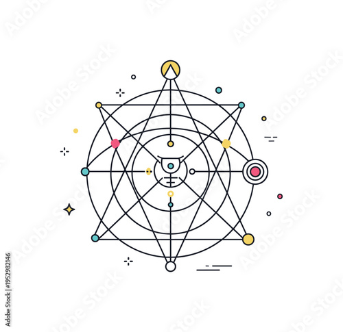 Sacred geometry in alchemy featuring a clean circular diagram with intersecting lines and a small central symbol, expressing harmony between matter and spirit.