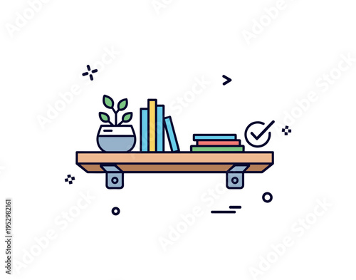 Minimalist wall mounted shelf badge centered on a single floating shelf with neatly placed decor and a small check mark accent, symbolizing simplicity,