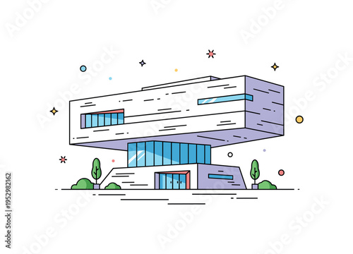 Modern museum architecture compact building with dramatic horizontal volume hovering above entrance plaza, conveying cultural landmark presence and