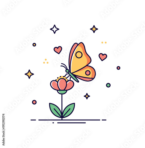 Peaceful garden moment butterfly settled on a small blossom with floating heart shaped accents, illustrating calmness, softness and connection with nature.