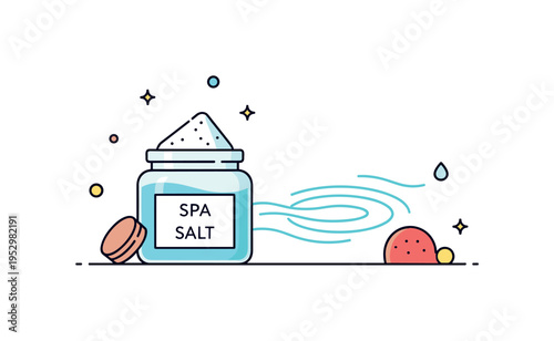 Bath salt relaxation idea illustrated with a small jar labeled Spa Salt beside gentle water ripple lines, conveying wellness, calm, and self care rituals. A