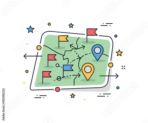 Military strategy scene simplified map with small flag markers and directional arrows, expressing planning, territorial control and tactical