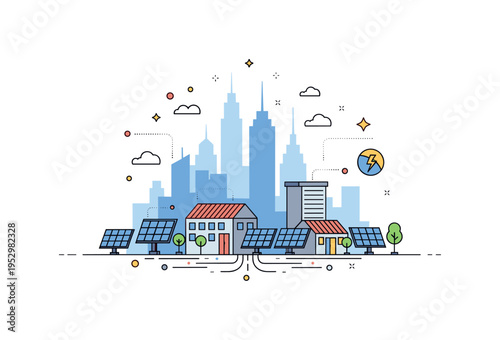 Future renewable city concept centered on skyline silhouettes combined with rooftop solar arrays and subtle energy flow lines, expressing progress, climate