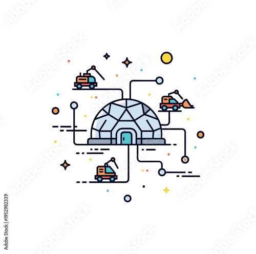 Moon base industrial operations badge centered on a compact habitat dome connected to small mining vehicles by subtle pathway lines. The scene