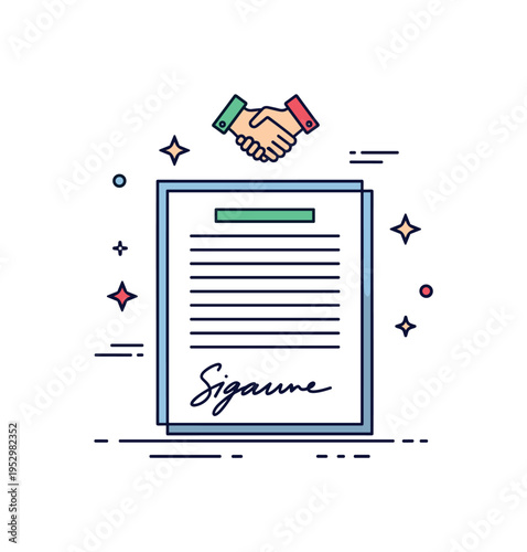 Business loan agreement financial contract concept featuring a neatly aligned document with a bold signature line and a small handshake icon above. The compact