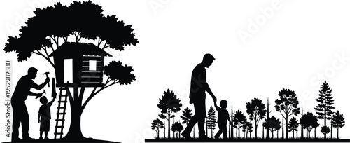 Silhouette of a man and child in a treehouse and another man in a forest clearing