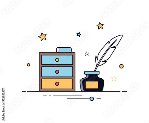 Vintage writing desk scene illustrated with a small drawer unit, ink bottle, and feather quill, expressing tradition, reflection, and literary heritage. A