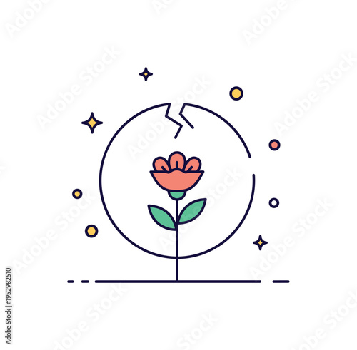 Resilience and rebirth symbol illustrated through a subtle cracked circle enclosing a small blooming flower, expressing renewal, emotional growth, and hope