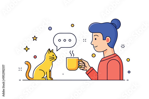 Talking to pet morning routine moment showing a person holding a coffee mug while addressing a nearby cat with a simple speech bubble, symbolizing everyday