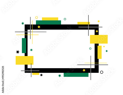 simple black and white frame with empty center, oversized and central, decorated with small symbolic star icons and abstract rectangular color blocks in yellow