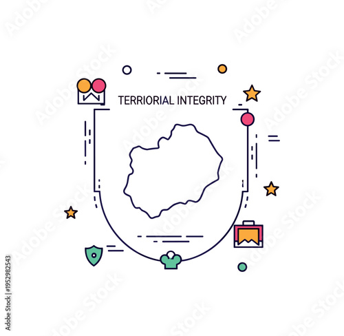 Territorial integrity concept centered on a map outline enclosed within a subtle protective border, symbolizing recognized boundaries and national unity. The