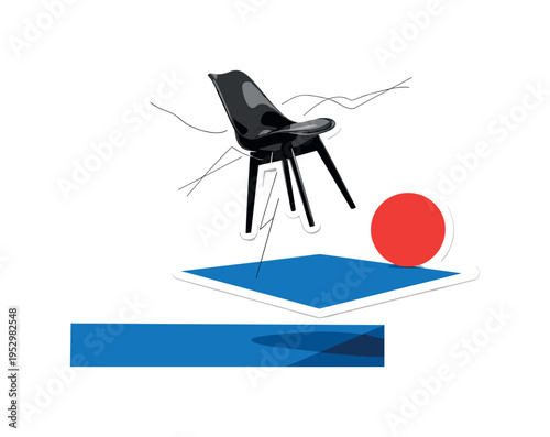 Black and white floating levitating chair positioned slightly above a blue geometric platform, bright red circle offset to one side creating