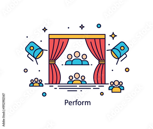 Community theater concept featuring a simple stage curtain and spotlight with small audience icons expressing participation and storytelling. A short word