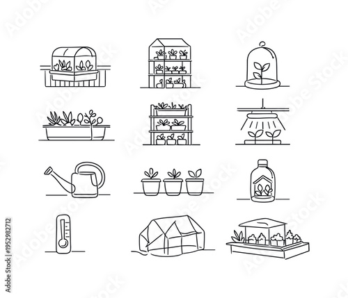 Urban and Mini Greenhouse Ideas. Minimalistic set one-line drawing [balcony mini greenhouse, indoor shelf greenhouse, small glass cloche, window sill planter,