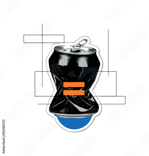 Black and white crushed soda can with the tab still open, bold orange equal sign subtly integrated across the body, blue semicircle anchoring the base,
