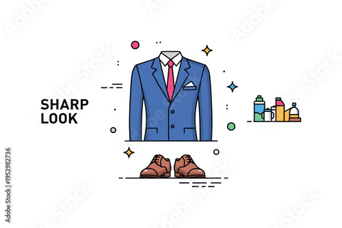 Business style mens outfit with a tailored suit silhouette and polished shoes expressing professionalism and elegance. A subtle Sharp Look text detail enhances