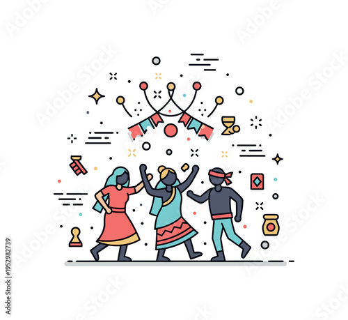 Mass celebration cultural festival theme showing dancing silhouettes surrounded by small decorative sparkles and rhythmic motion lines. The compact composition